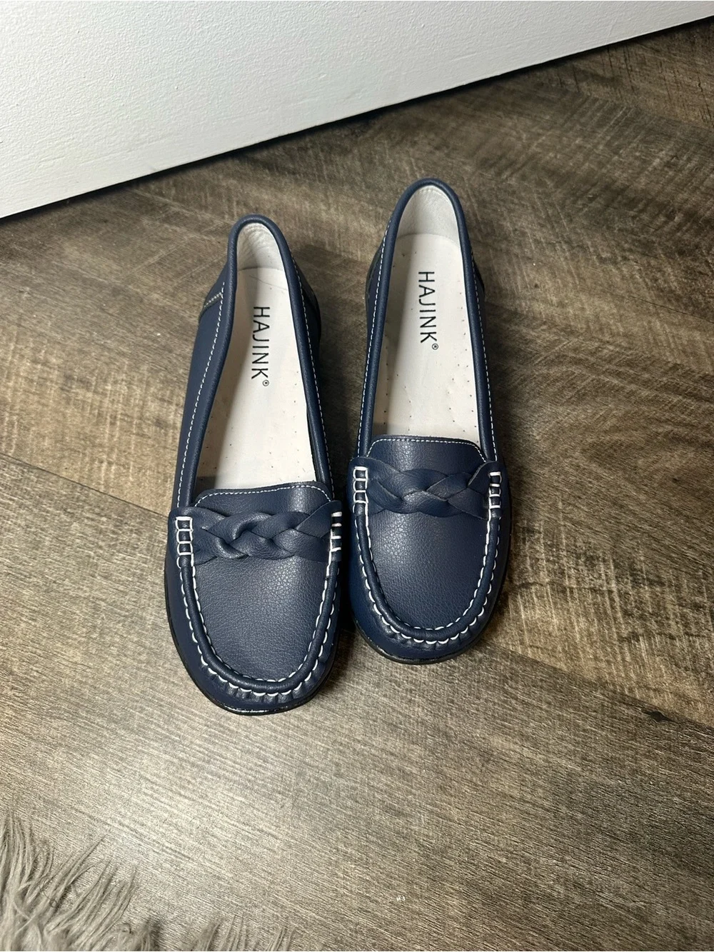 HAJINK Women’s Navy Braided Loafers Slip On Moccasin Flats Contrast Stitching